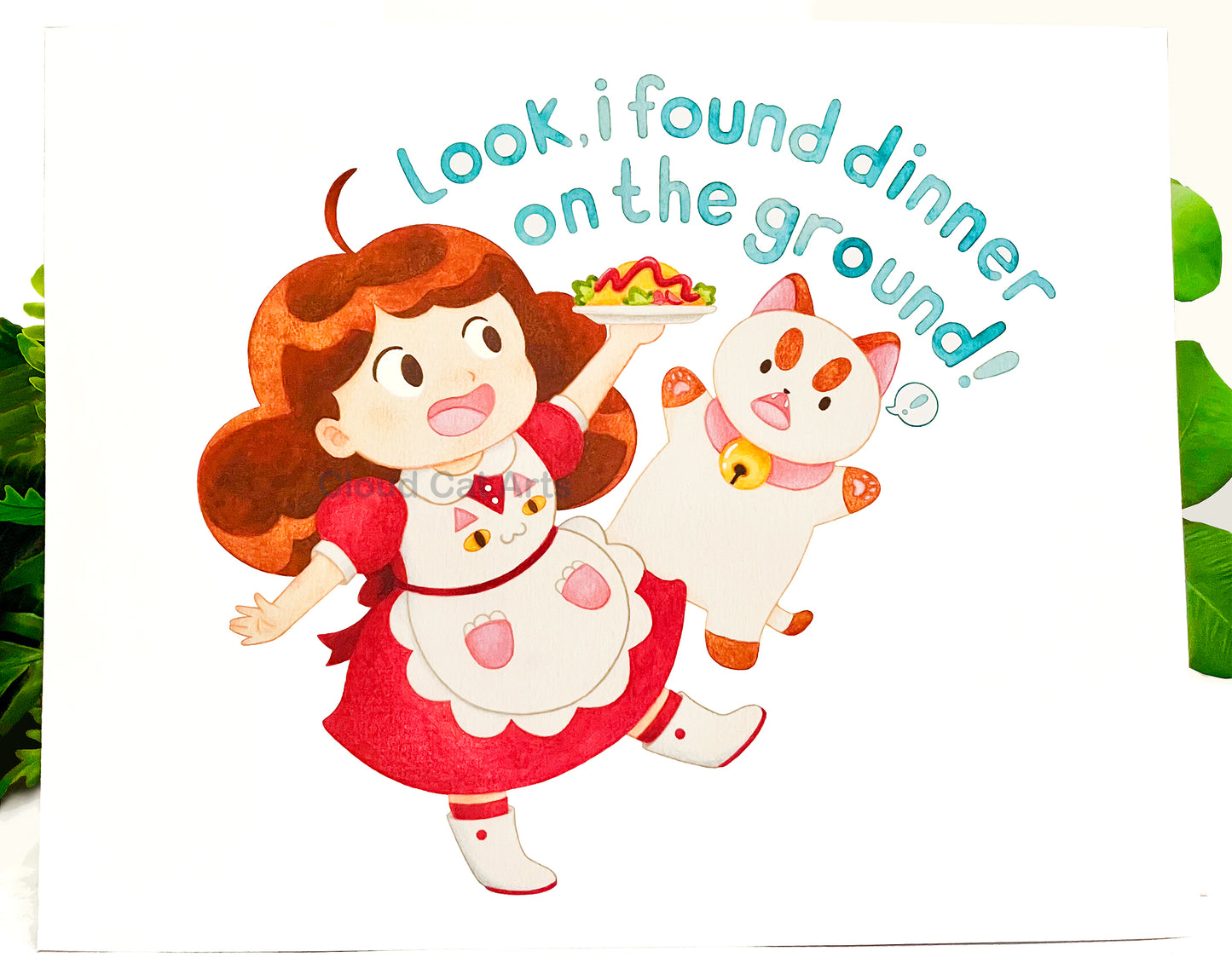 Dinner On The Ground - Bee & Puppy Cat Art Print - Handmade