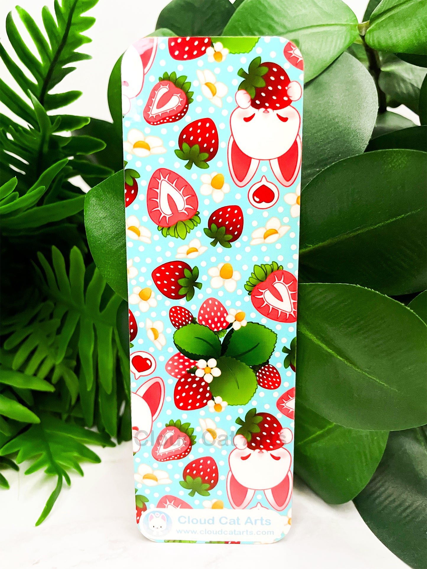 Strawberry Kitty - Cute Fruit Cat - Handmade Laminated Bookmark