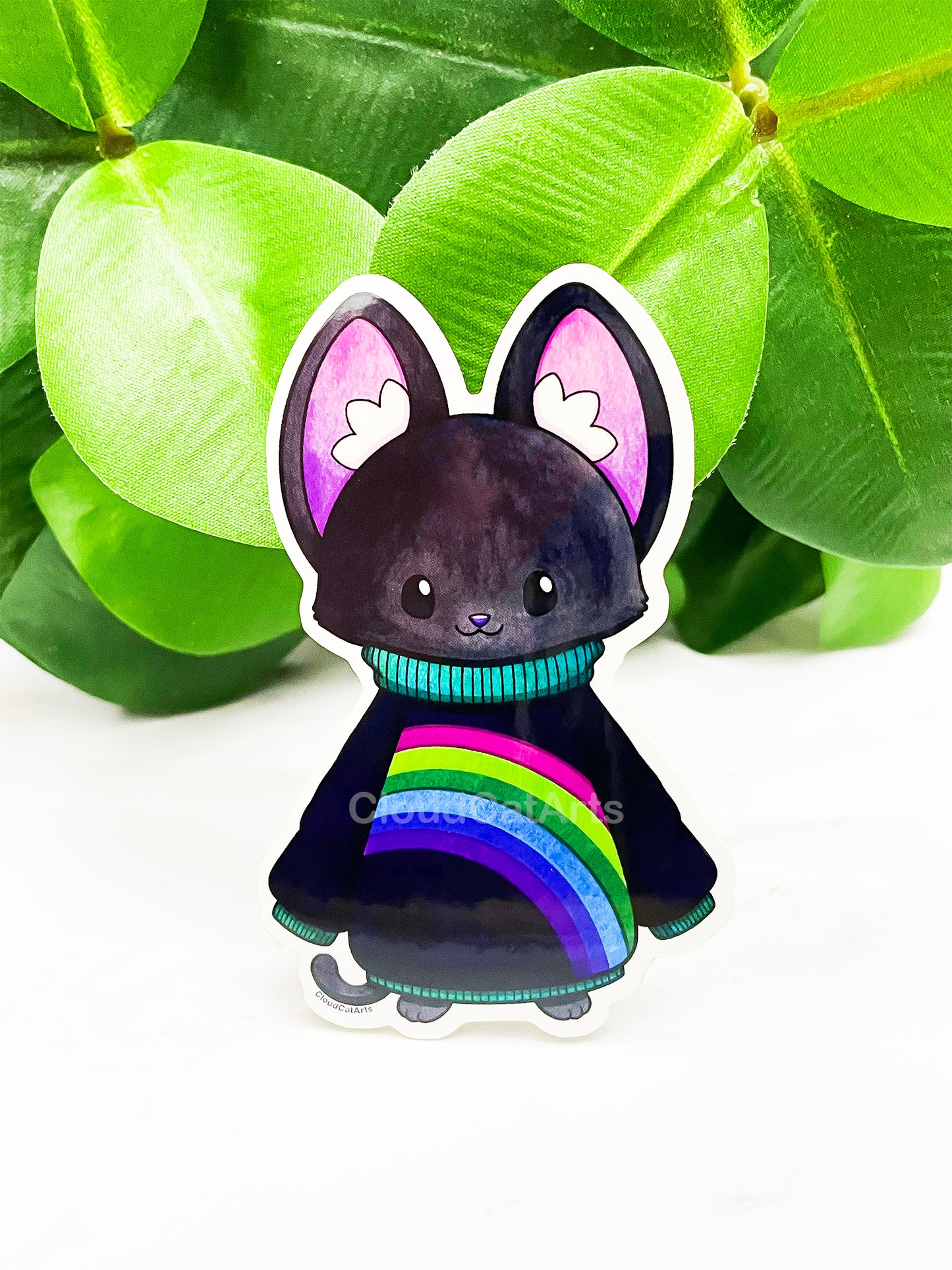 Rainbow Sweater Kitty - Black Cat - Vinyl Sticker