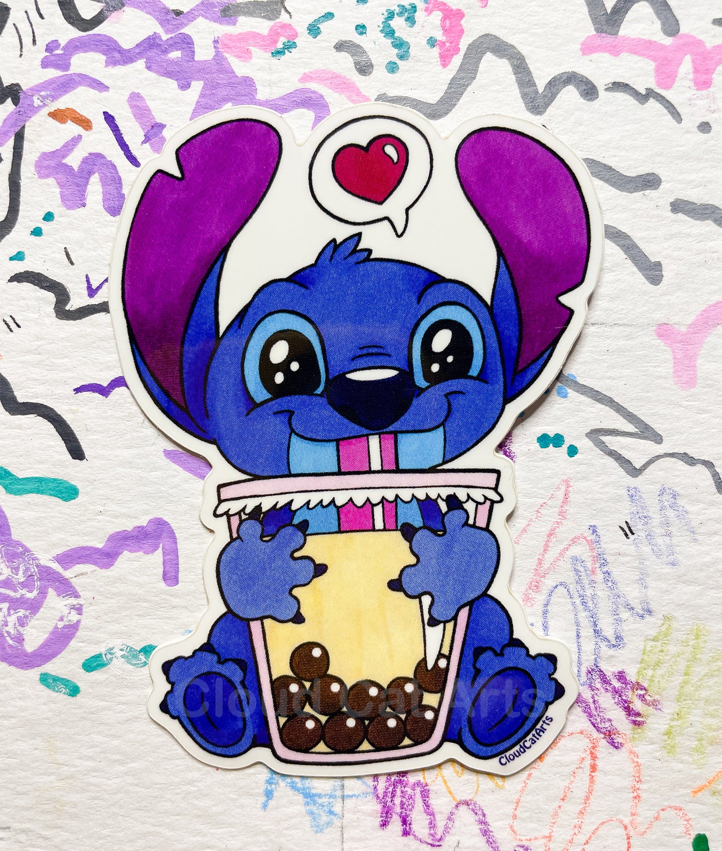 Stitch Blue Alien with Boba Sticker - Kawaii Bubble Tea Stitch