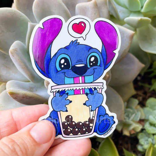 Stitch Blue Alien with Boba Sticker - Kawaii Bubble Tea Stitch