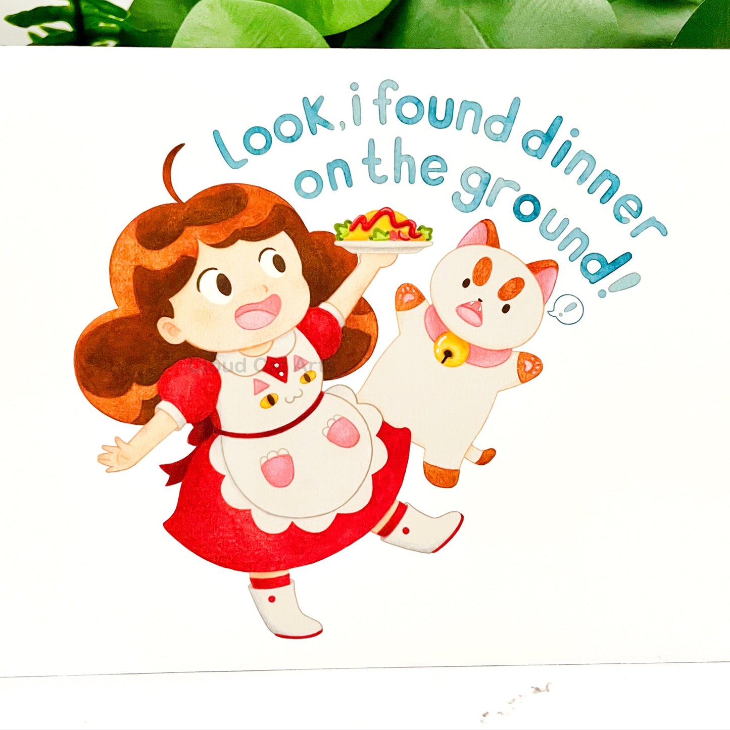 Dinner On The Ground - Bee & Puppy Cat Art Print - Handmade