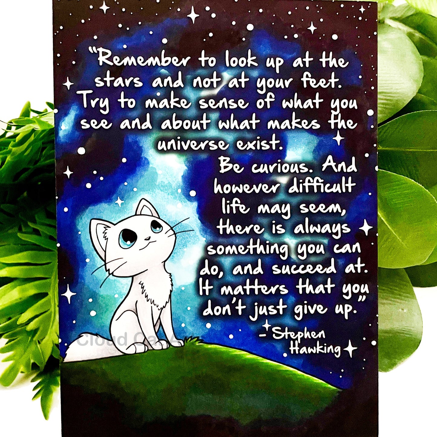 Look Up at the Stars - Encouragement Cat Art Print - handmade