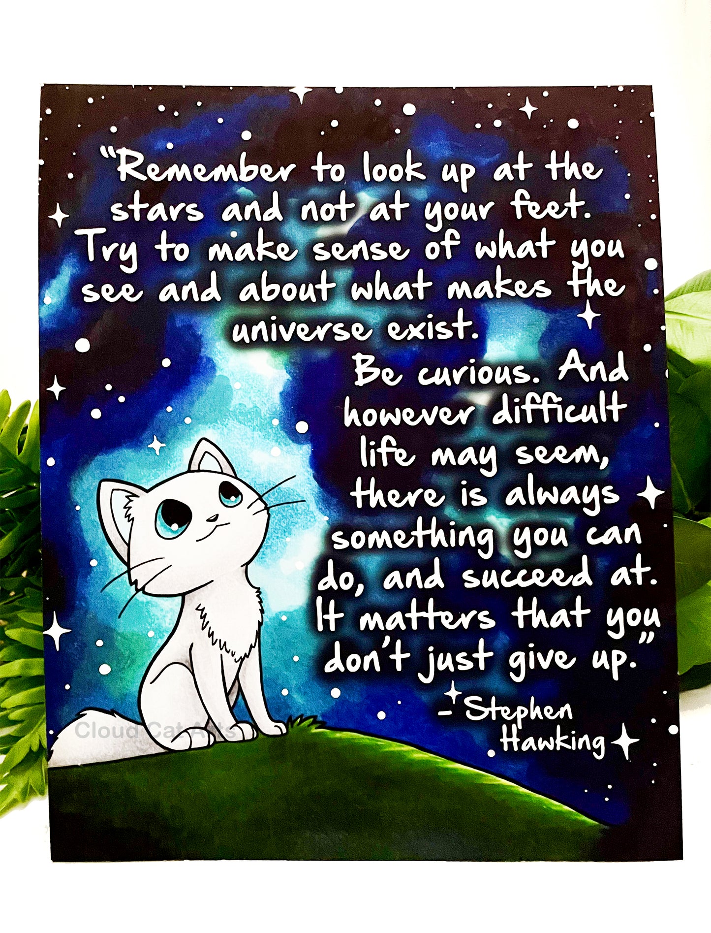 Look Up at the Stars - Encouragement Cat Art Print - handmade