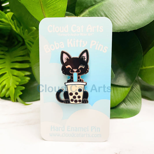 Milk Tea Boba Kitty - Black Cat - Hard Enamel Pin