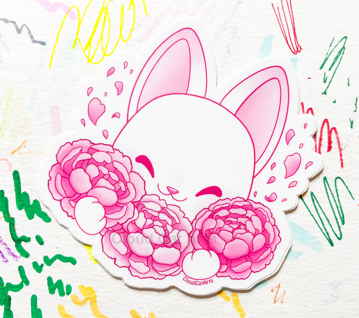 Peony Kitty - Pink Flower Cat - Vinyl Sticker