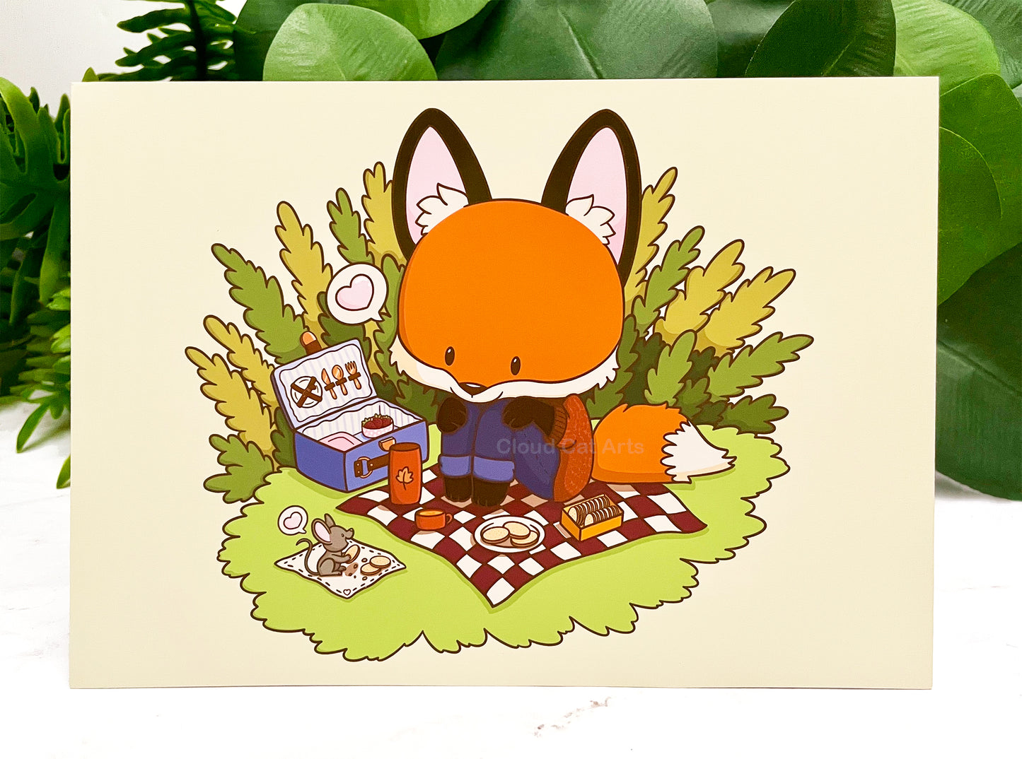 Picnic With Friends - Cute Fox Art Print - Handmade