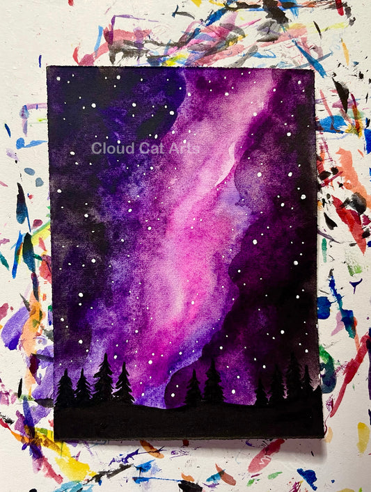 "Pine Forest 2" - Spacelette Series 1 - 2/27 - Original Mini Watercolor Painting 2.5"x3.5"