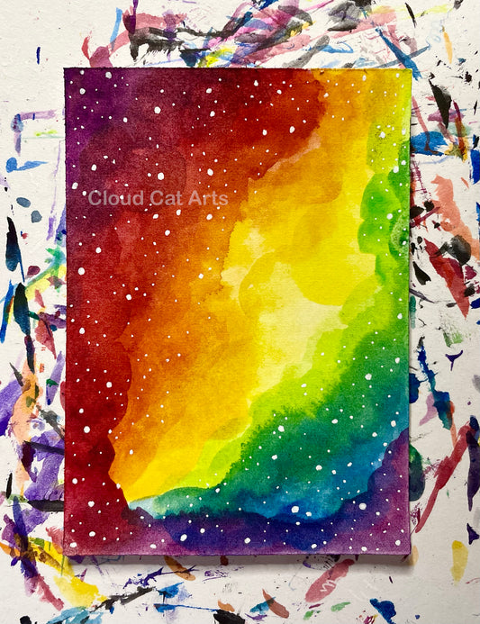 "Rainbow Galaxy 1" - Spacelette Series 1 - 8/27 - Original Mini Watercolor Painting 2.5"x3.5"