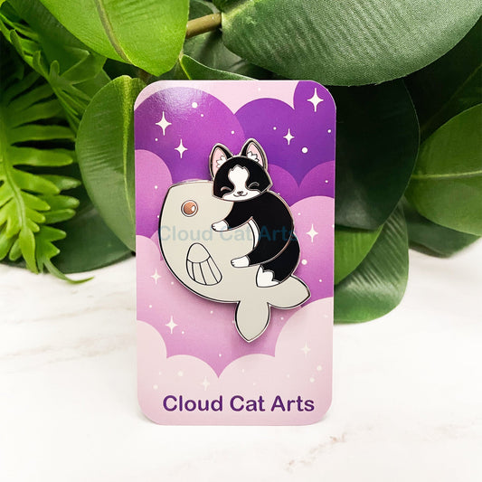 Silver Fish Kitty - Black and White Cat - Hard Enamel Pin