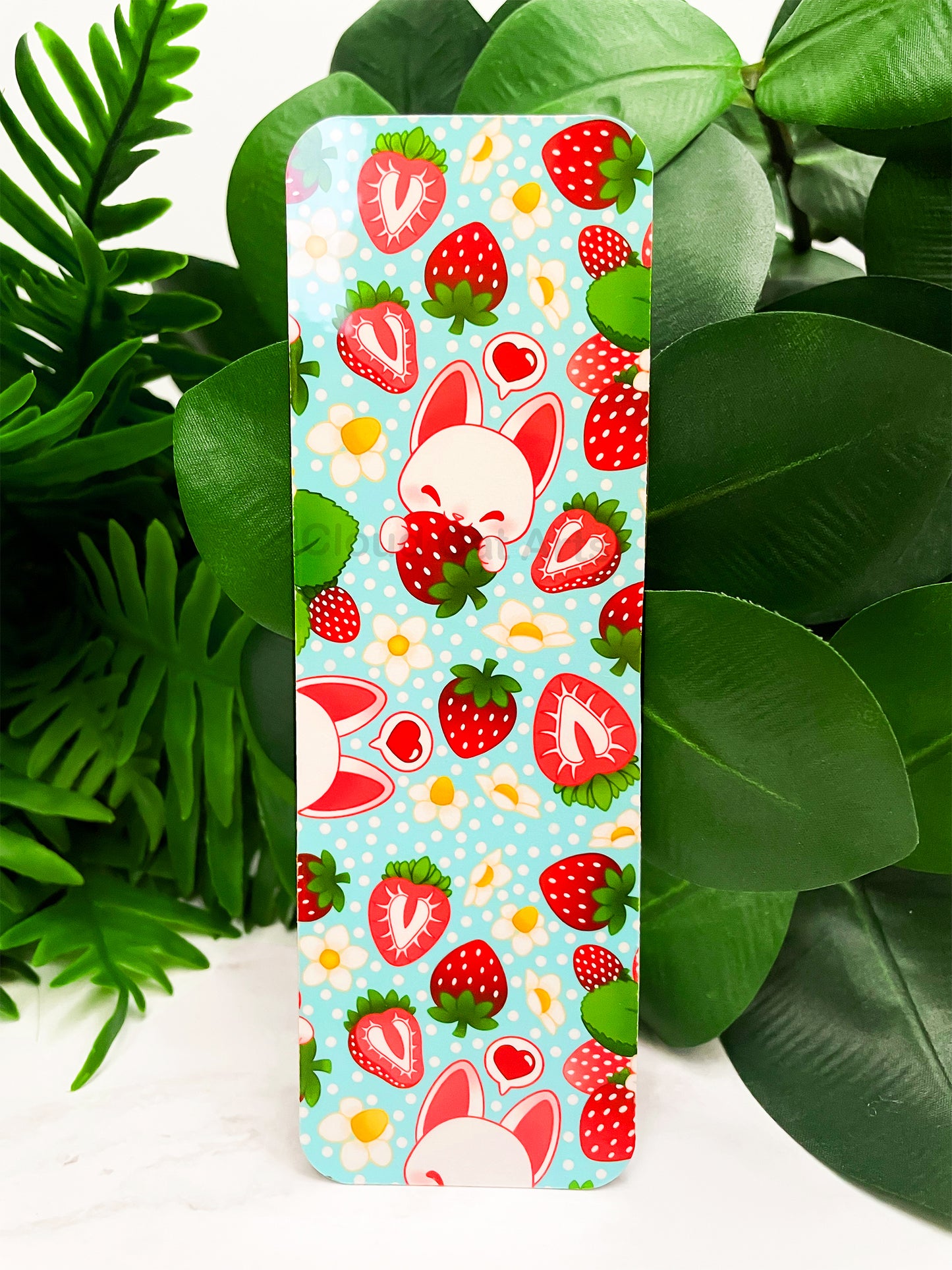 Strawberry Kitty - Cute Fruit Cat - Handmade Laminated Bookmark