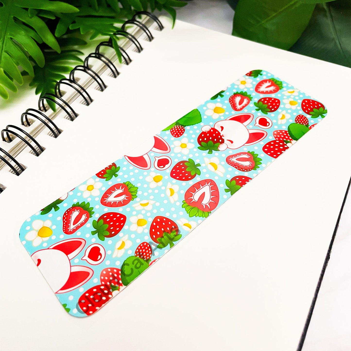 Strawberry Kitty - Cute Fruit Cat - Handmade Laminated Bookmark