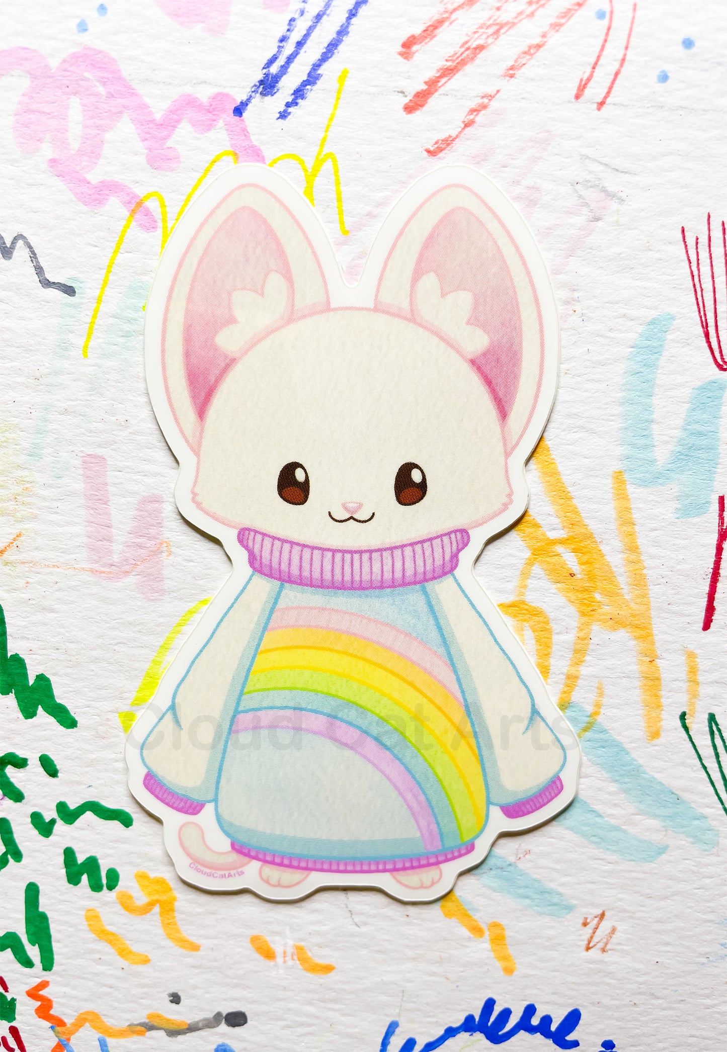Rainbow Sweater Kitty - White Cat - Vinyl Sticker