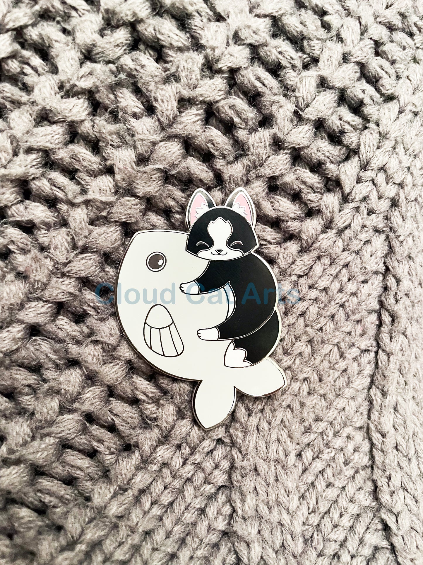 Silver Fish Kitty - Black and White Cat - Hard Enamel Pin